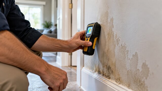 Technician using moisture meter to assess water damage and mold on wall.