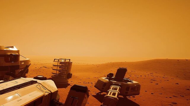 On the red planet, scientists investigate the dusty terrain with advanced rovers. Orange skies create an otherworldly atmosphere, hinting at unknown discoveries ahead.
