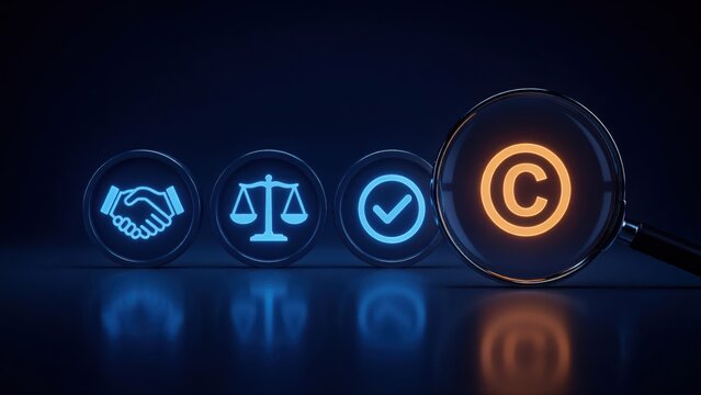 Copyright protection and legal compliance concept with magnifying glass and icons