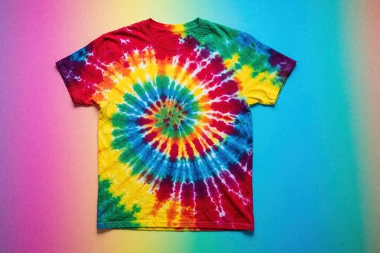 Colorful rainbow tie dye cotton T-shirt lies on bright multicolor background. Vibrant spiral pattern shows psychedelic hippie style clothing. Bright textile design with red, yellow, blue, green hues