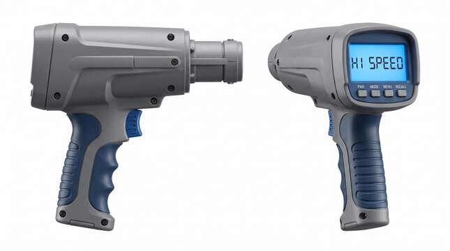 Digital radar speed gun showing high velocity measurements isolated in studio lighting on white background