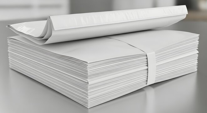 Stack of white envelopes tied with band on reflective surface with soft studio lighting