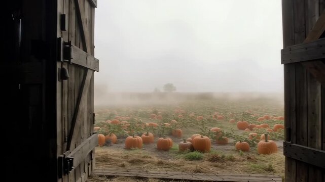 Open Rustic Barn Door Reveals Foggy Pumpkin Field.