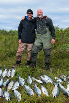 Two men stand together on an Alaskan river bank wearing fishing waders with many coho salmon fish.