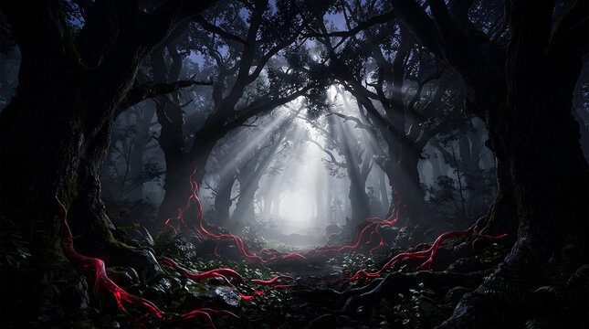 Eerie ghostly figure appears in a dark and shadowy forest