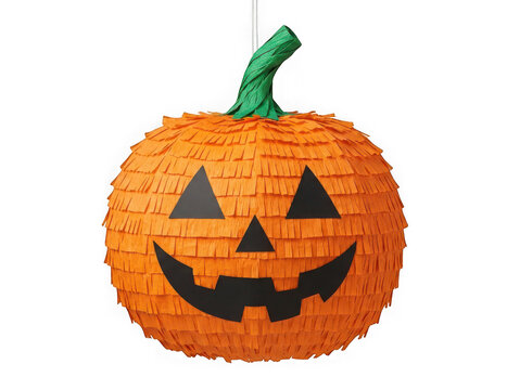 Halloween pumpkin pinata with a spooky jackolantern face isolated on transparent background
