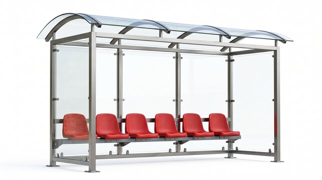 Modern bus shelter featuring durable metal frame and six red plastic seats on white background