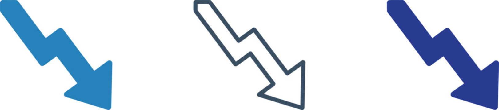 Set of blue downward jagged arrow icons representing business decline and financial loss