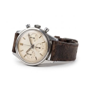 Vintage Chronograph Watch with Cream Dial and Brown Leather Strap on White Background