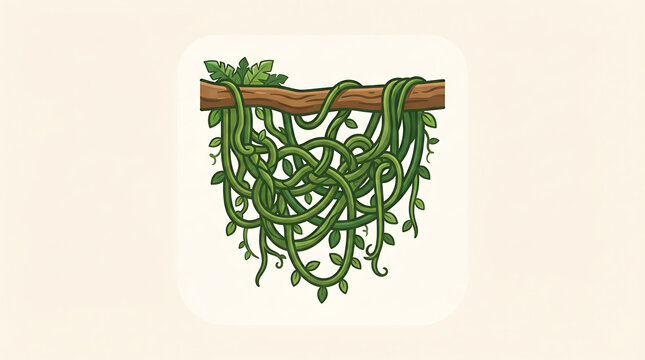 Tangled green vines hanging from a sturdy tree branch