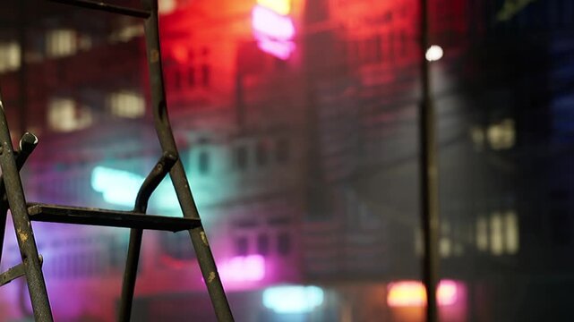 A solitary chair sits in the foreground as colorful neon lights glow in the misty background. The atmosphere tells a story of urban life and quiet moments in the city.