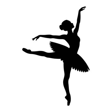 A graceful ballerina in mid performance is depicted as a black silhouette