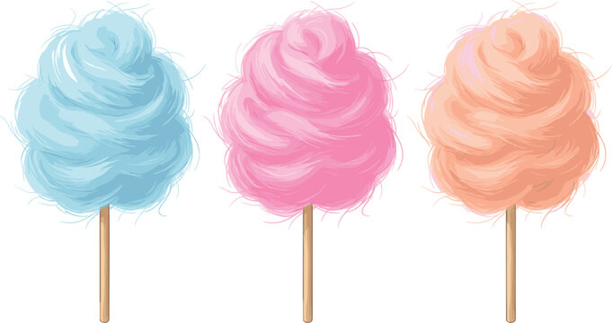 Set of colorful cotton candy vector illustration isolated on white background fluffy blue pink and orange spun sugar sweet floss on wooden sticks graphic design
