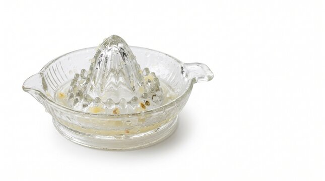 Clear glass citrus juicer with lemon pulp and juice residue on a white background