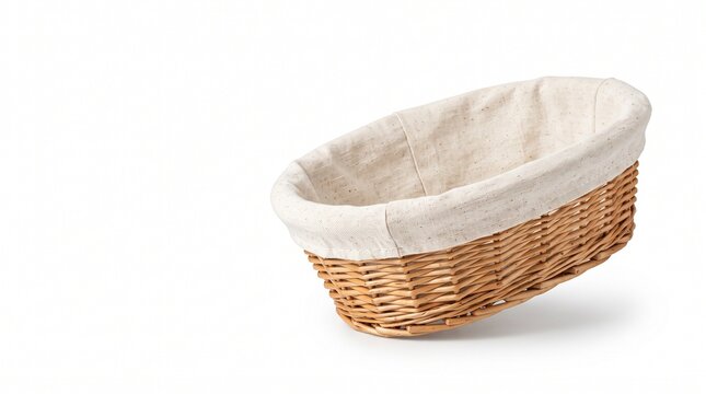 Wicker bread basket with cloth liner on a white background