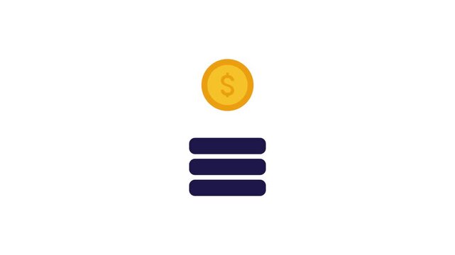 Animated gold coin falling onto stack, financial growth and savings concept, flat vector money icon animation isolated on White Background
