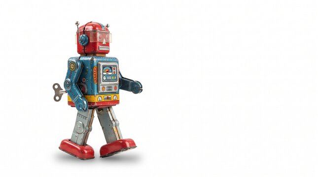 Vintage tin wind up robot toy walking with a key on its side against a white background
