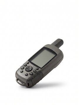 Portable handheld GPS device with buttons and screen on a white background