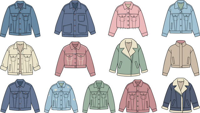 Fashion Technical Sketch Vector Set of Denim and Shearling Jackets with Cropped and Oversized Outerwear Designs for Apparel Manufacturing and Tech Packs