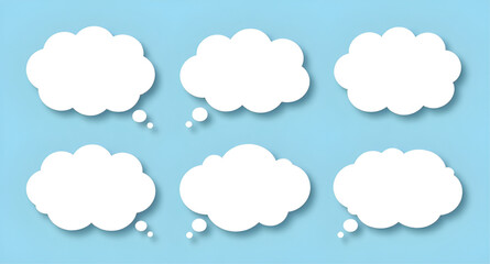 Fototapeta premium Thought bubble, cloud bubble, dream bubble, message, talk balloon, cloud, white, blue background, vector, graphic, isolated, template, symbol, icon, text box, thought cloud, dream cloud