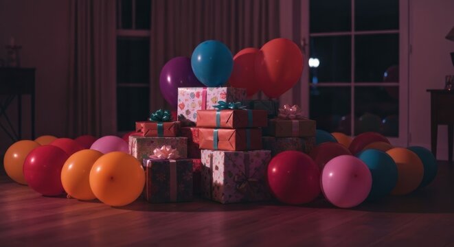 A pile of wrapped gifts surrounded by colorful balloons sits on a hardwood floor in a dimly lit room