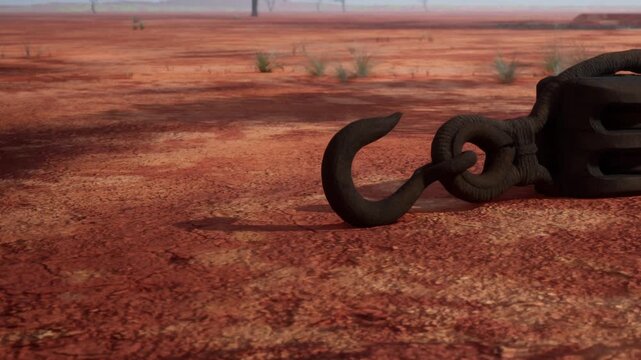 A rusty hook rests on dry, cracked soil in a desolate landscape. The sun beats down as sparse vegetation struggles for life. Shadows loom in the distance from isolated trees.