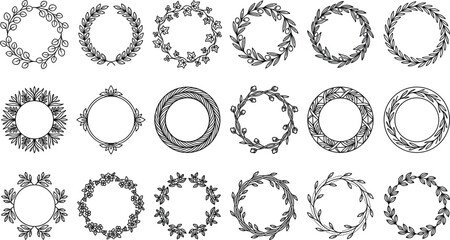 Fototapeta premium Elegant Black Line Botanical Wreath and Floral Border Frame Icon Set Vector Illustration for Wedding Invitation Designs