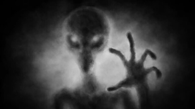Creepy alien humanoid silhouette in rays of light. 2D animation in sci-fi horror genre. Vj loop video. Spooky animated short film. Gloomy ghost in haze. Black and white background.