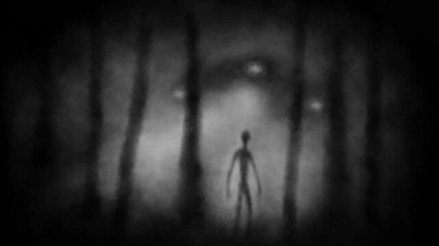 Creepy alien humanoid silhouette in rays of light. 2D animation in sci-fi horror genre. Vj loop video. Spooky animated short film. Gloomy ghost in haze. Black and white background.