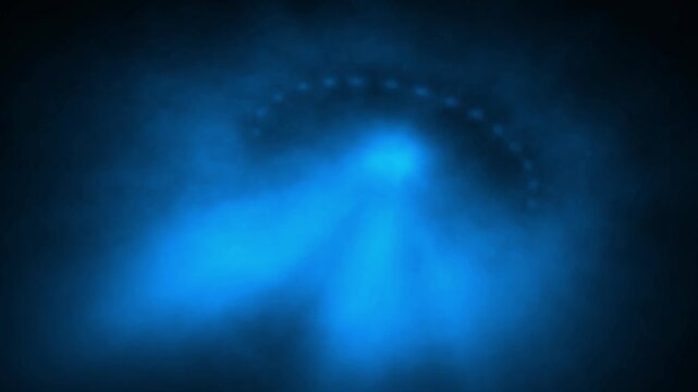 Creepy ufo silhouette in rays of light. 2D animation in sci-fi horror genre. Blue background color. Vj loop video. Spooky animated short film. Gloomy haze.