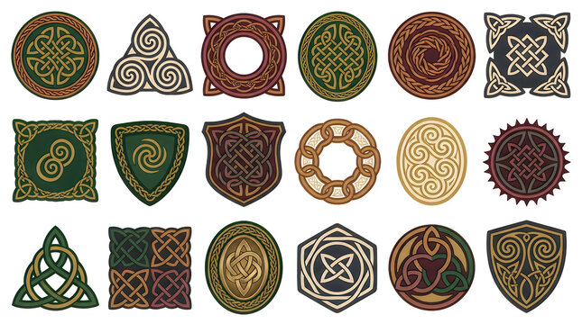Celtic knot design collection, 18 traditional Irish symbols and ornaments, vintage green and brown medieval knotwork icons Halloween