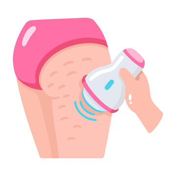 A woman uses a handheld massager on her thigh for targeted cellulite skincare treatment, shown as a colorful flat spa icon against a white background.