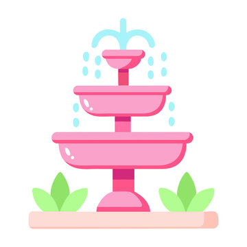 A tiered pink fountain circulates blue water beside green leaves for tranquil spa decoration, shown as a colorful flat spa icon on a white background.