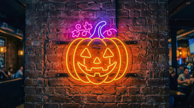Halloween neon sign with jack o lantern pumpkin on brick wall in bar interior background