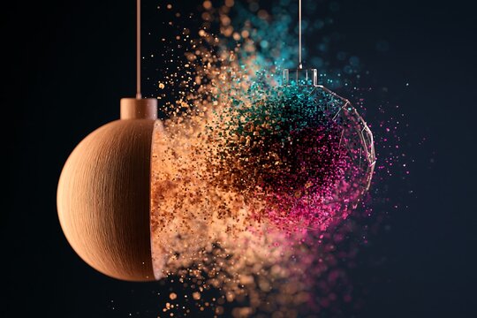 Abstract round Christmas ornament dissolving into colorful glitter dust on dark background.