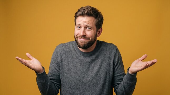 Man shrugging shoulders with uncertain expression on yellow background
