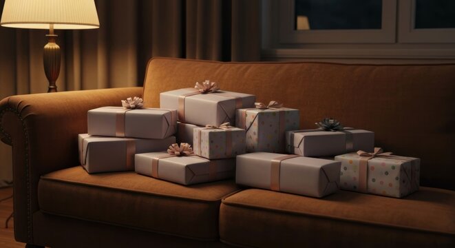 A tan couch in a dimly lit room holds a stack of wrapped gifts with pastel ribbons