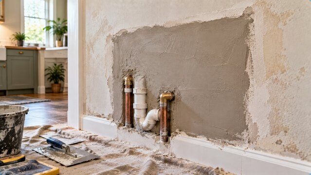 Unfinished plaster patch over copper plumbing pipes during wet wall drywall repair project.