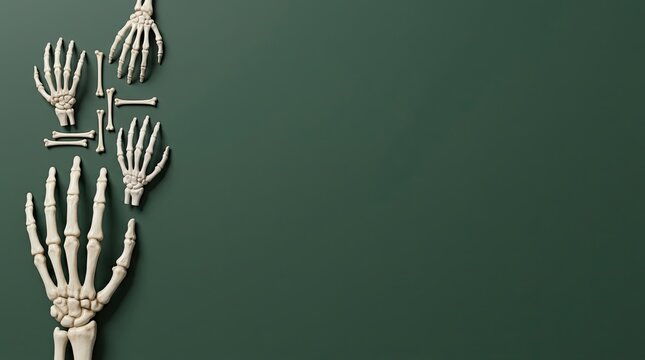 Human skeletal hands and forearms against a dark green textured background