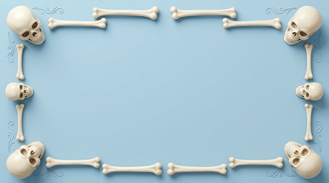 Human skeleton bones arranged in a rectangular frame on a light blue background