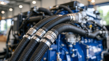 Fototapeta premium Macro detail of several reinforced ribbed rubber hoses mounted on a modern hydraulic machine, delicate condensation beads visible on silver metal connectors, bright directional light highlighting ru