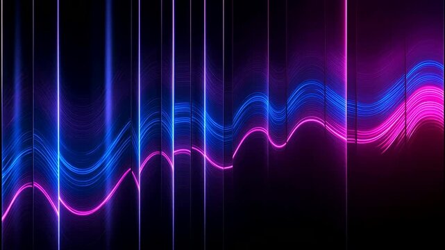 Neon soundwave trails flow with glowing magenta and blue luminous curves across vertical equalizer lines in dark digital space.