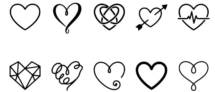 Heart Vector Icon Set: Minimalist Love Symbols, EKG Heartbeat, Infinity Knot, Geometric, Cupid Arrow, and Continuous Line Wedding Clipart