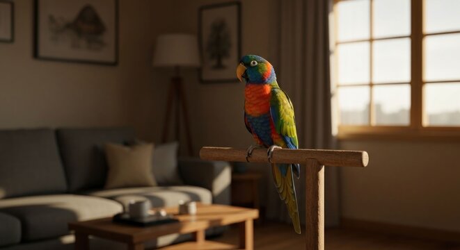 A vibrant parrot perched on a wooden stand in a sunlit living room, overlooking a cityscape