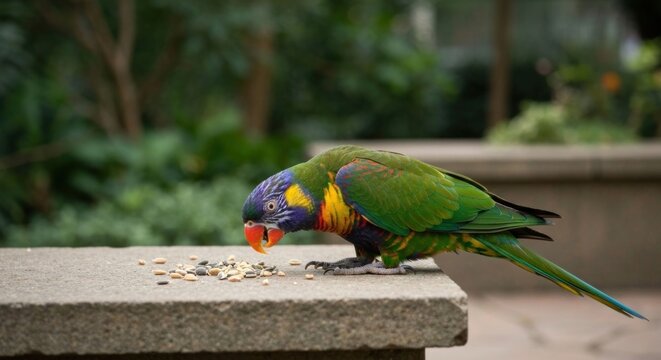 A vibrant rainbow lorikeet eats seeds from a stone surface, set against a blurred backdrop of lush greenery