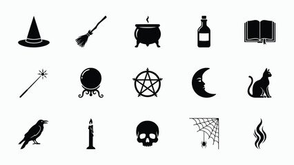 Naklejka premium Black and white icons representing classic halloween symbols and themes in a minimalist style with traditional halloween imagery imagery with crystal ball, witch hat, broomstick