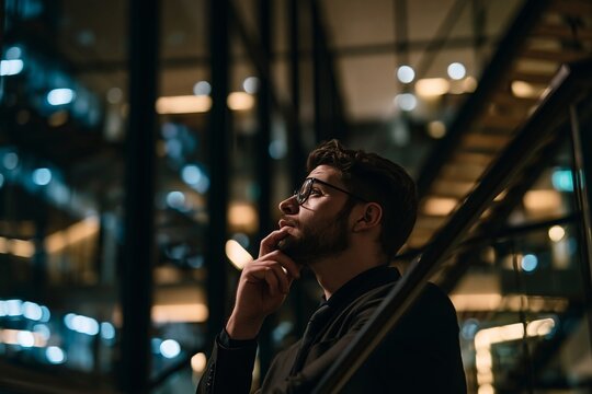 Thoughtful bearded man in glasses standing in a modern office building at night with bokeh lights