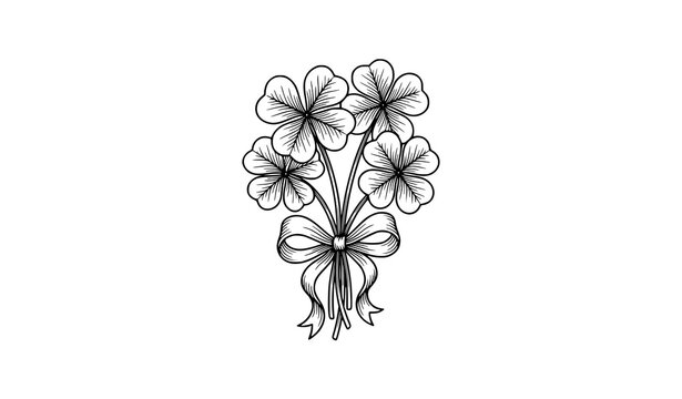 four leaf clover, clover, lucky, luck, shamrock, bouquet, bow, ribbon, botanical, floral, nature, leaf, charm, good fortune, decorative, outline, vector, illustration, editable, isolated, black, minim