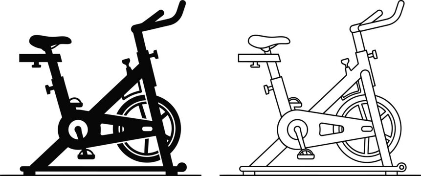 Indoor cycling stationary bicycle silhouette and line drawing isolated on white background for fitness