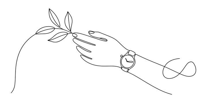 Continuous one line drawing of a hand with a wristwatch holding a plant leaf